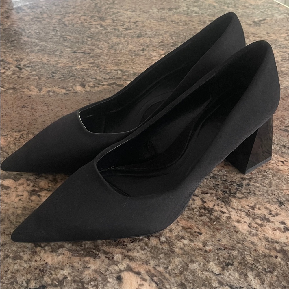 ZARA 7 Women’s Pointed Toe Elegant Black Faille Glossy Block Heel Pumps